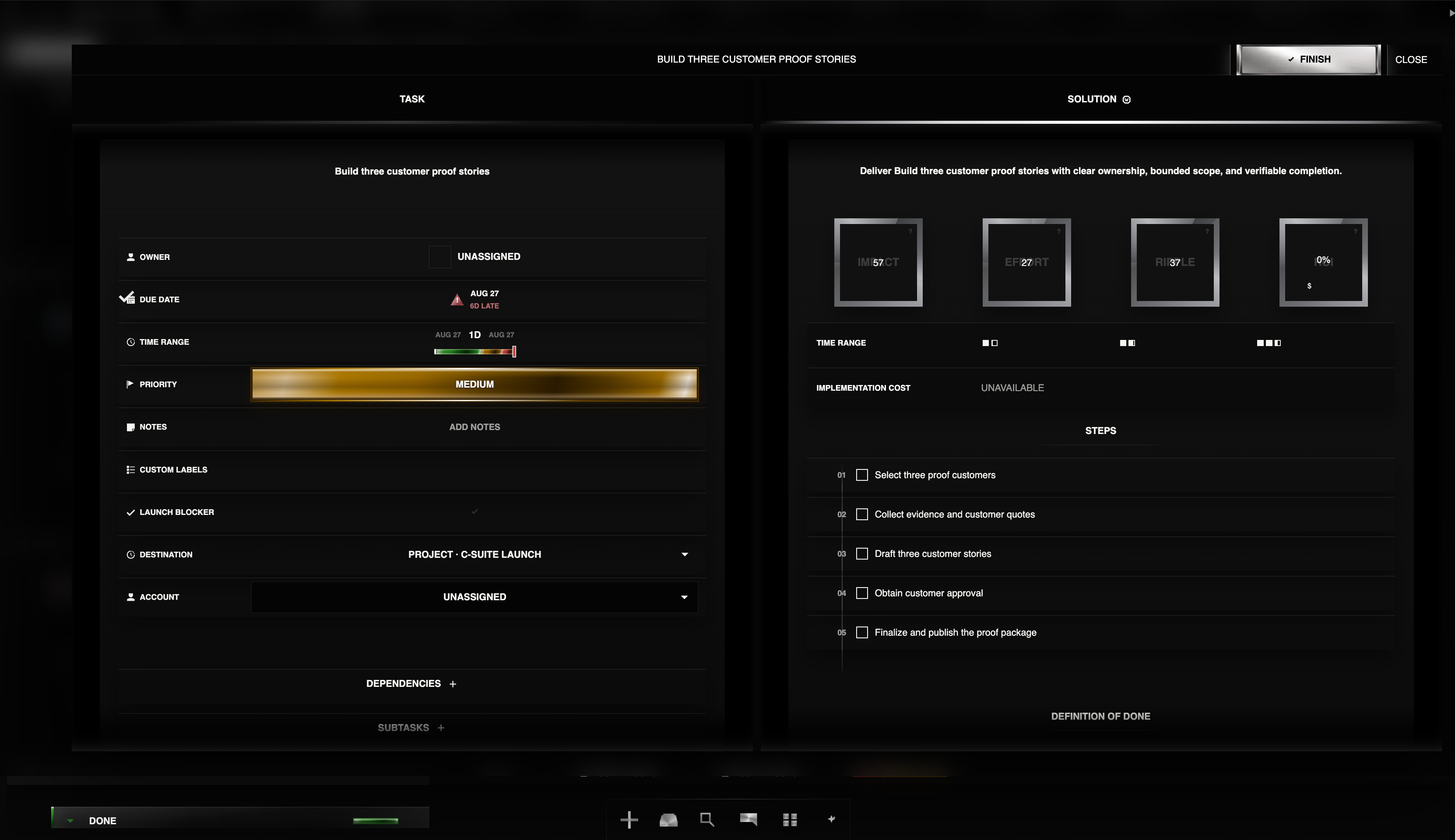 Corporate Suite task detail shown beside its generated solution with scores and execution steps