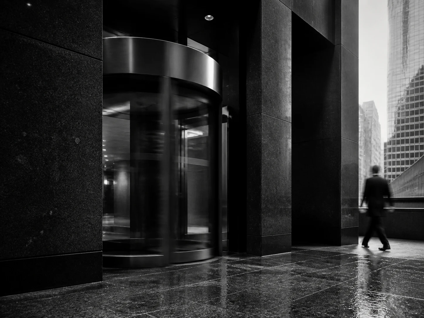 Corporate Suite headquarters revolving entrance in motion